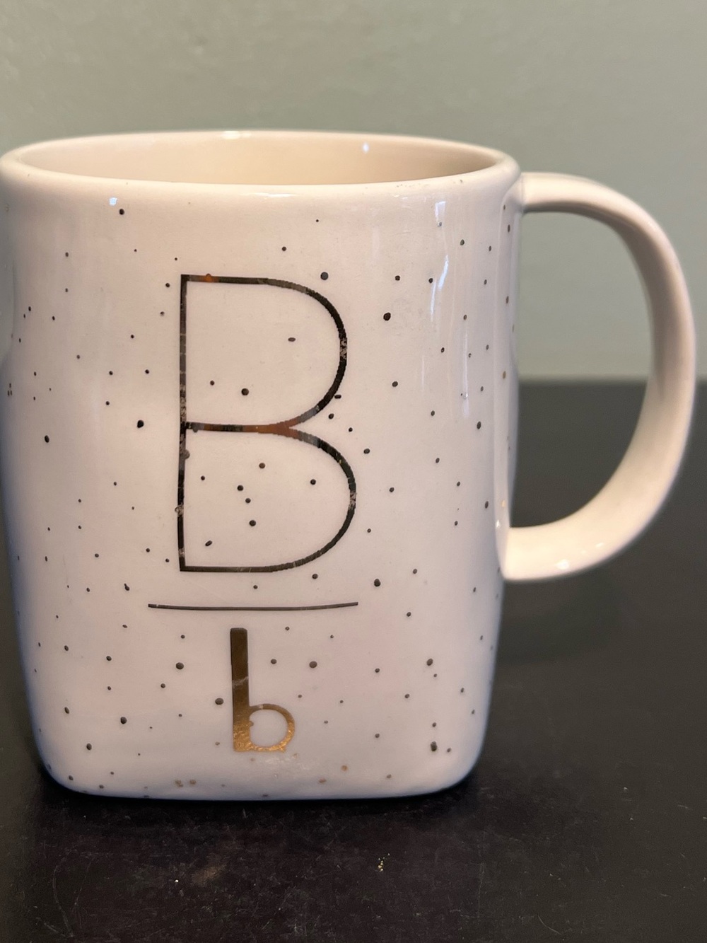 Anthropologie Speckled Gilded Shapes Monogram B Coffee Mug Square Base Ceramic
